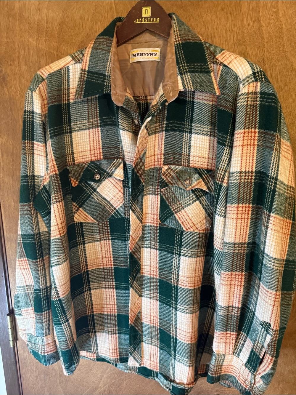 Vintage Mervyn's Men’s Green and Cream Plaid Flannel